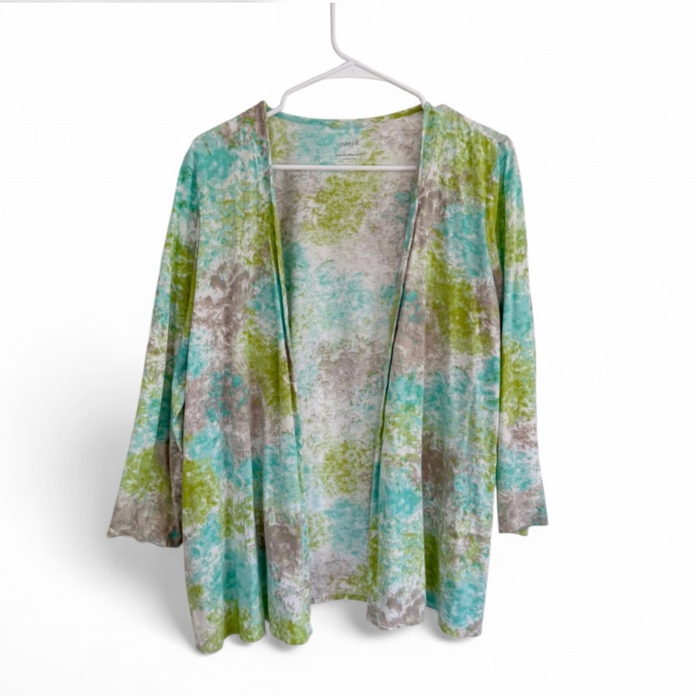 J Jill Pure Jill Batik Open Front Cardigan M Pima Cotton Green Blue Colorful